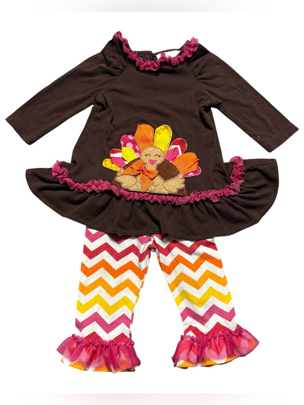 Rare Edition Baby Girl 9M Thanksgiving Outfit Turkey Applique Pink Ruffles
